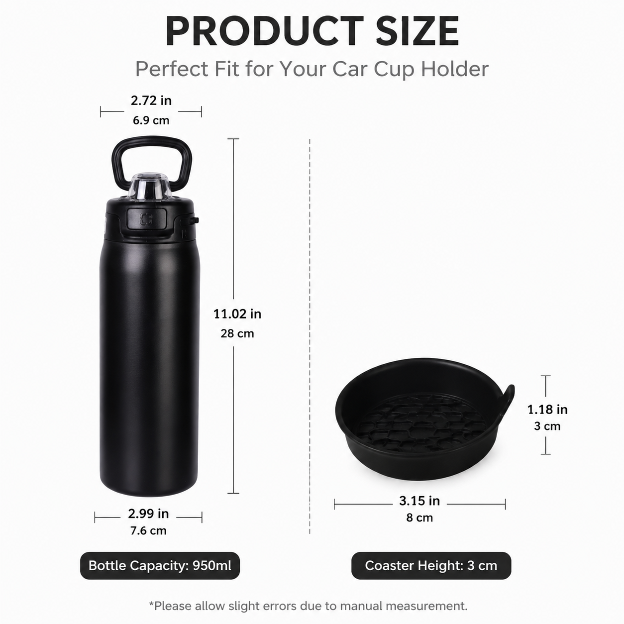 950ml Insulated Stainless Steel Bottle with 4PCS Silicone Anti-Slip Car Cup Coasters â€“ Leakproof Travel Drink Set for Car & Home Use