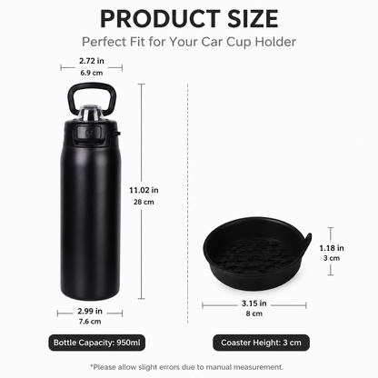 950ml Insulated Stainless Steel Bottle with 4PCS Silicone Anti-Slip Car Cup Coasters â€“ Leakproof Travel Drink Set for Car & Home Use