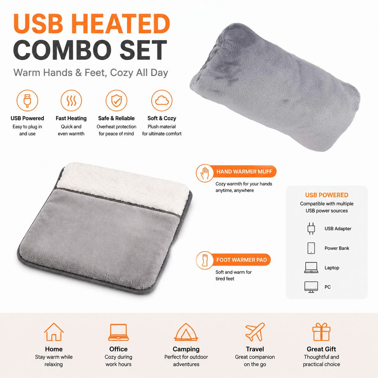 USB Heated Hand Warmer Bag & Foot Warmer Pad Combo Set â€“ Electric Plush Heating Cushion for Home, Office & Travel
