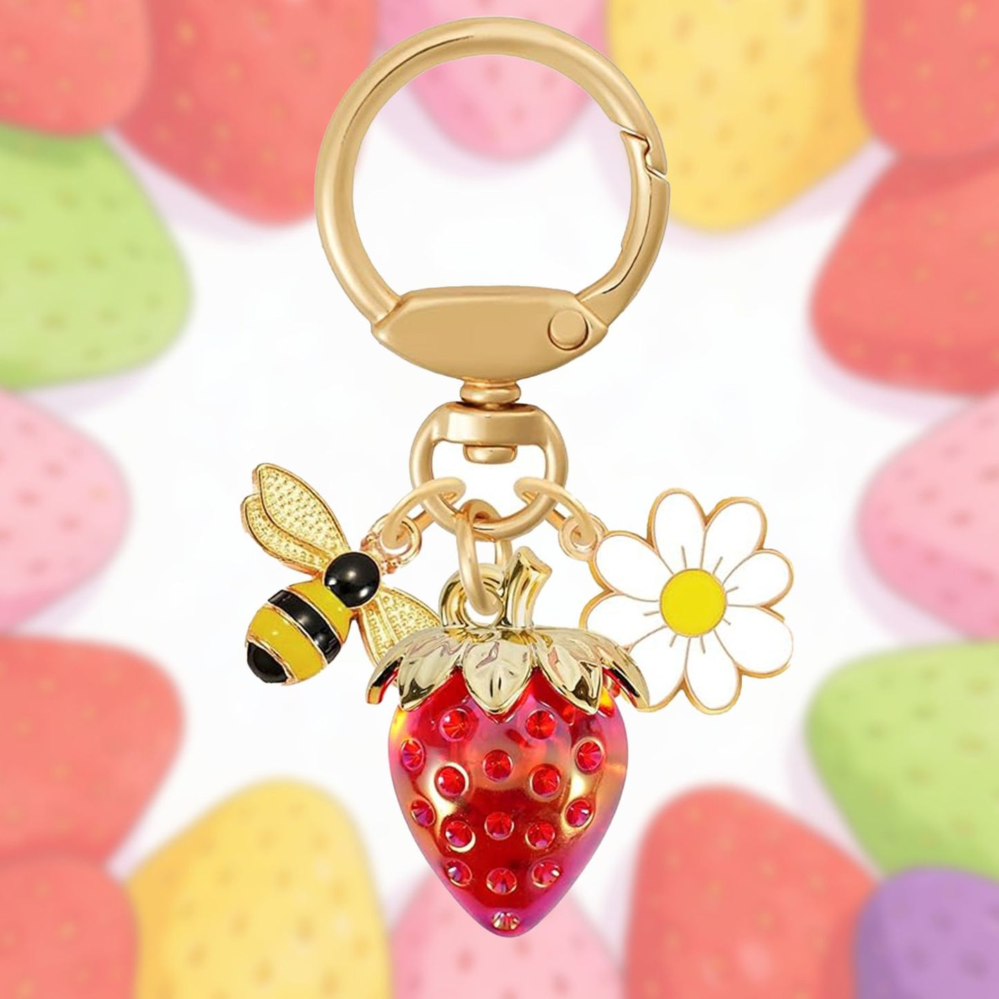 Red Strawberry Bee Daisy Keychain - Gold Metal Ring with Rhinestone Fruit Charm, Cute Bag Accessory for Women and Girls