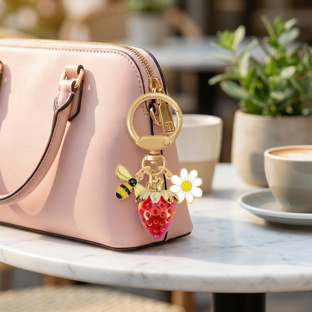 Red Strawberry Bee Daisy Keychain - Gold Metal Ring with Rhinestone Fruit Charm, Cute Bag Accessory for Women and Girls