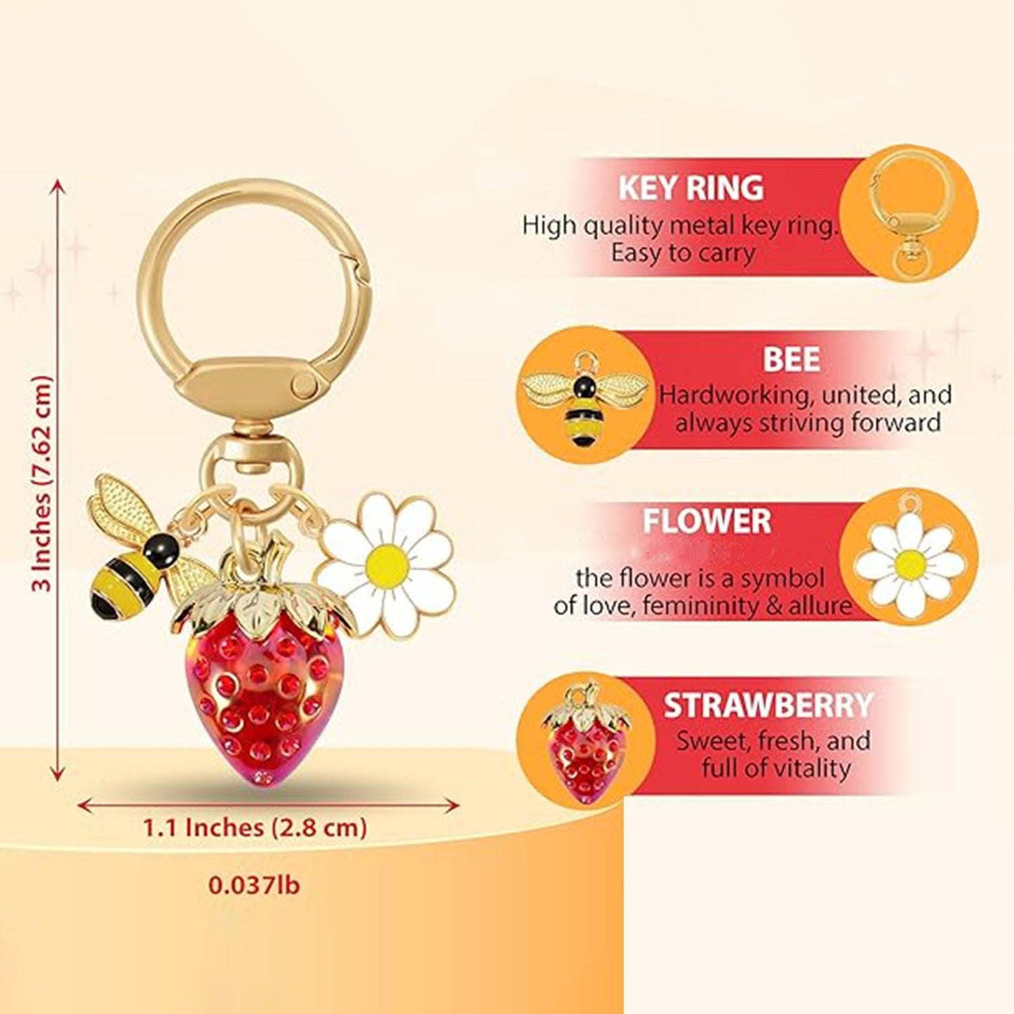 Red Strawberry Bee Daisy Keychain - Gold Metal Ring with Rhinestone Fruit Charm, Cute Bag Accessory for Women and Girls