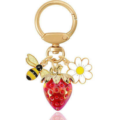 Red Strawberry Bee Daisy Keychain - Gold Metal Ring with Rhinestone Fruit Charm, Cute Bag Accessory for Women and Girls