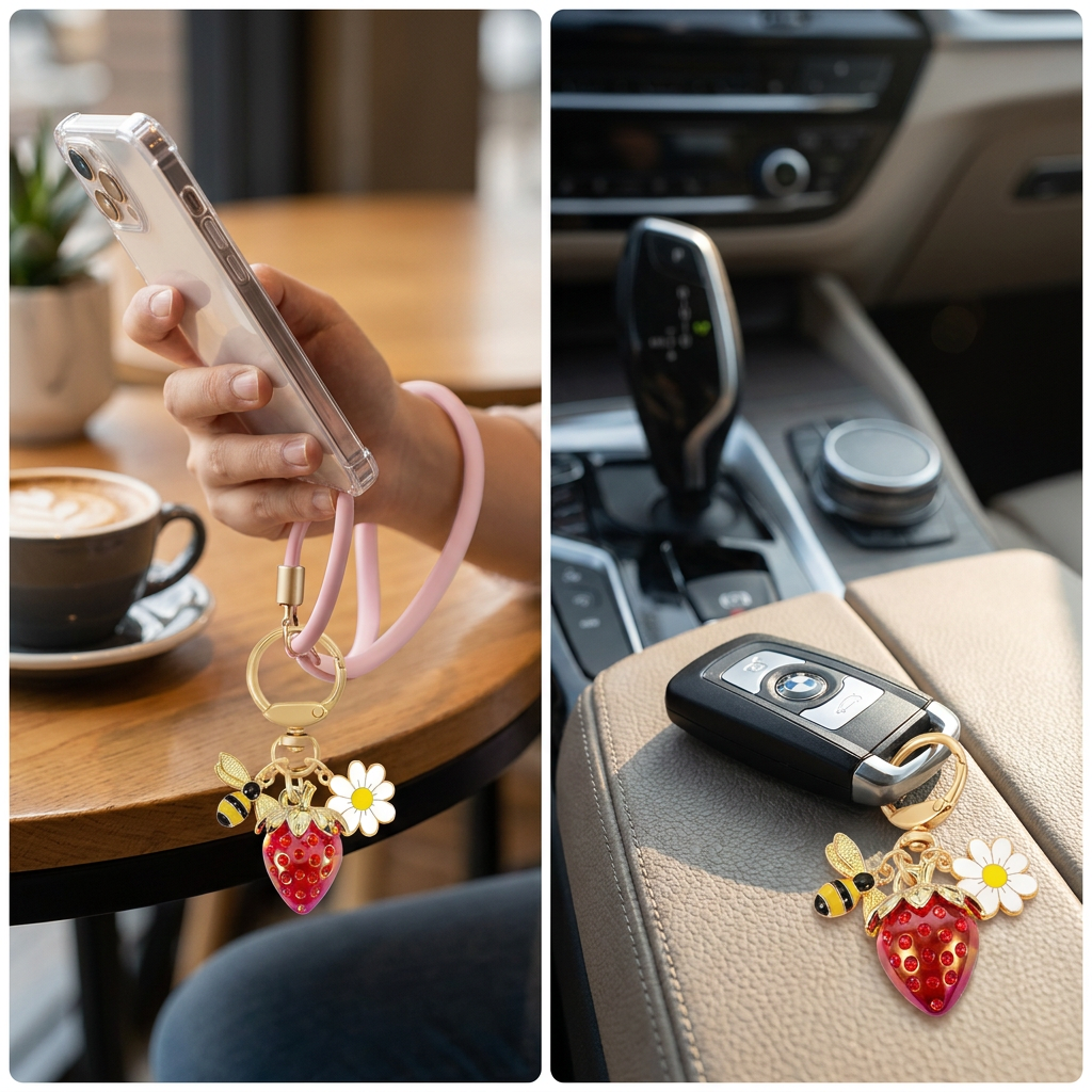 Red Strawberry Bee Daisy Keychain - Gold Metal Ring with Rhinestone Fruit Charm, Cute Bag Accessory for Women and Girls