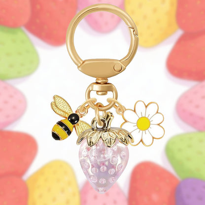 Crystal Pink Strawberry Bee Daisy Keychain - Gold Metal Ring with Rhinestone Fruit Charm, Cute Bag Accessory for Women and Girls