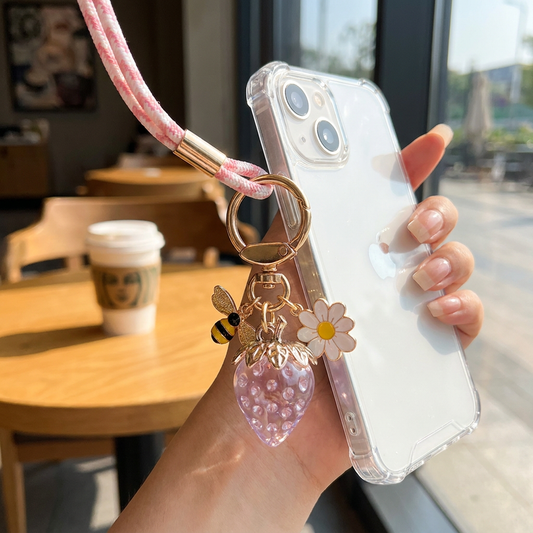 Crystal Pink Strawberry Bee Daisy Keychain - Gold Metal Ring with Rhinestone Fruit Charm, Cute Bag Accessory for Women and Girls