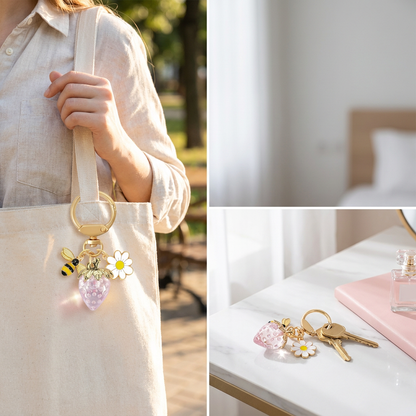Crystal Pink Strawberry Bee Daisy Keychain - Gold Metal Ring with Rhinestone Fruit Charm, Cute Bag Accessory for Women and Girls