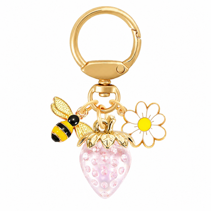 Crystal Pink Strawberry Bee Daisy Keychain - Gold Metal Ring with Rhinestone Fruit Charm, Cute Bag Accessory for Women and Girls