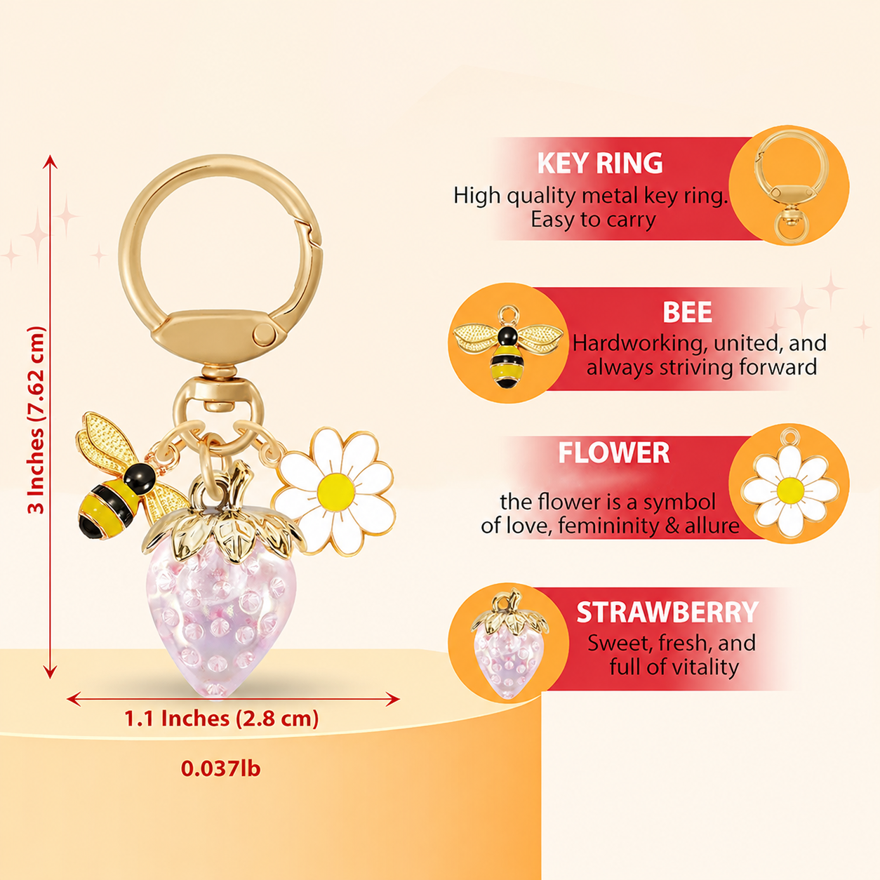 Crystal Pink Strawberry Bee Daisy Keychain - Gold Metal Ring with Rhinestone Fruit Charm, Cute Bag Accessory for Women and Girls