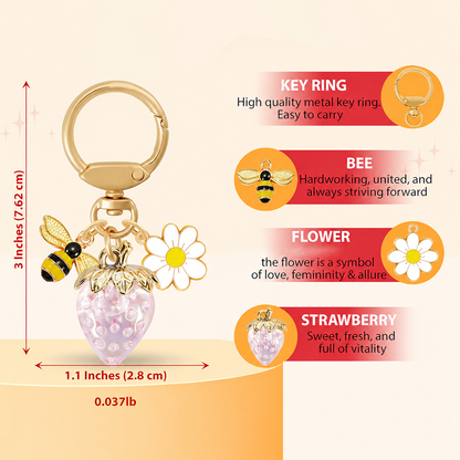 Crystal Pink Strawberry Bee Daisy Keychain - Gold Metal Ring with Rhinestone Fruit Charm, Cute Bag Accessory for Women and Girls