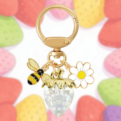 Crystal White Strawberry Bee Daisy Keychain - Gold Metal Ring with Rhinestone Fruit Charm, Cute Bag Accessory for Women and Girls