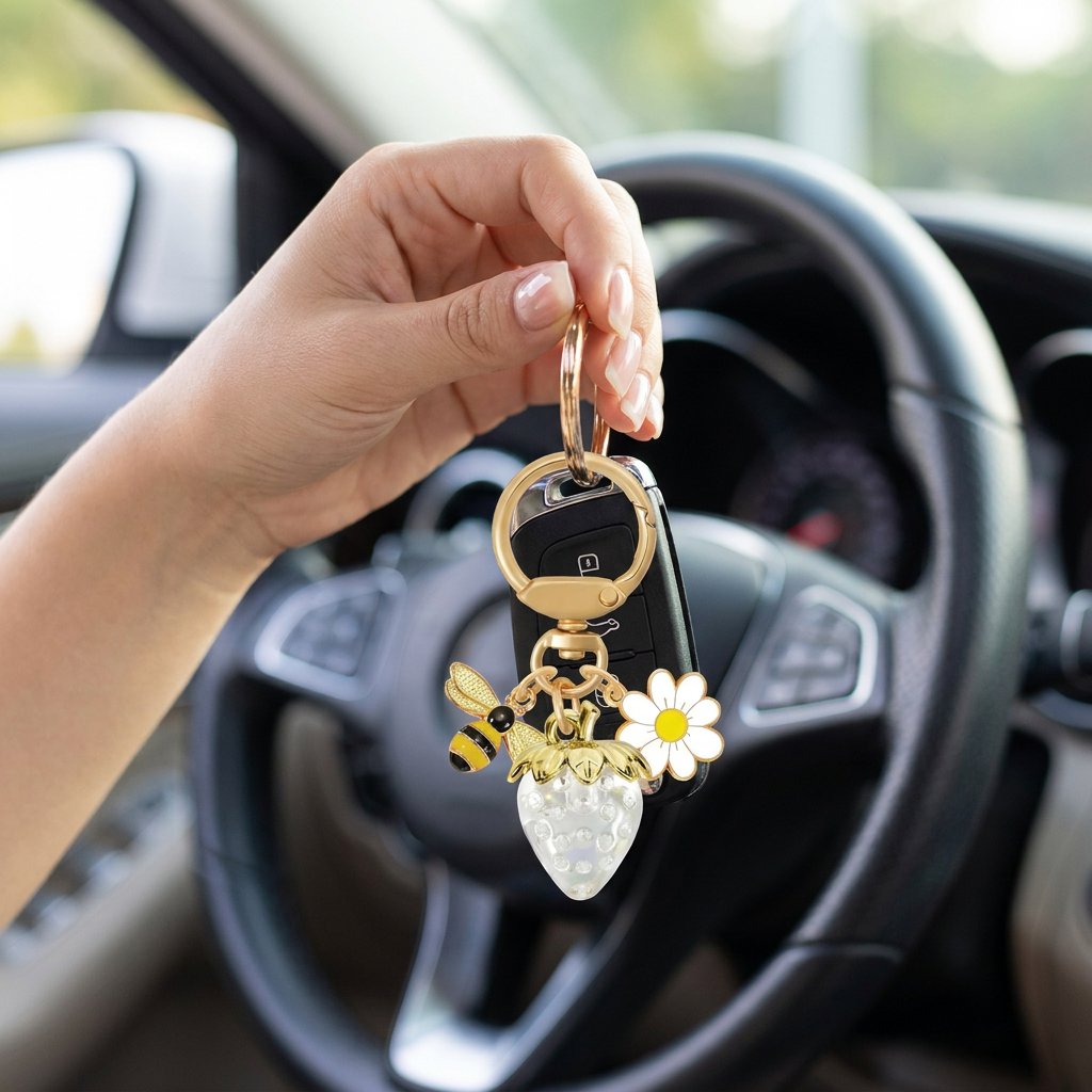 Crystal White Strawberry Bee Daisy Keychain - Gold Metal Ring with Rhinestone Fruit Charm, Cute Bag Accessory for Women and Girls