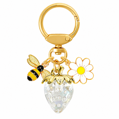 Crystal White Strawberry Bee Daisy Keychain - Gold Metal Ring with Rhinestone Fruit Charm, Cute Bag Accessory for Women and Girls