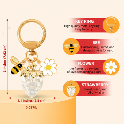 Crystal White Strawberry Bee Daisy Keychain - Gold Metal Ring with Rhinestone Fruit Charm, Cute Bag Accessory for Women and Girls