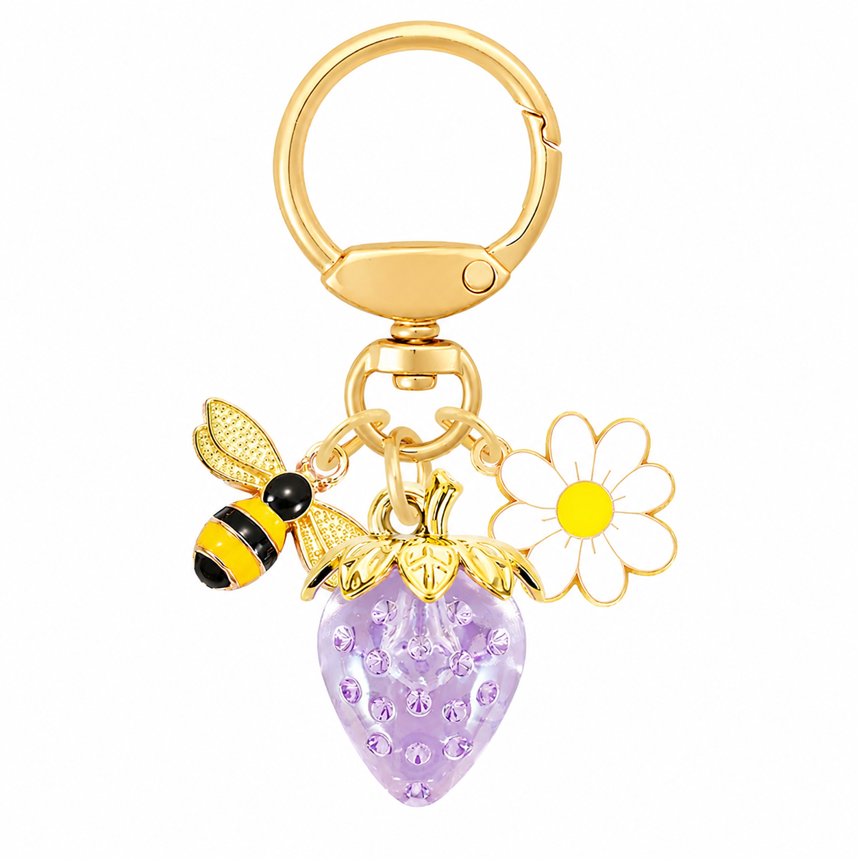 Crystal Purple Strawberry Bee Daisy Keychain - Gold Metal Ring with Rhinestone Fruit Charm, Cute Bag Accessory for Women and Girls