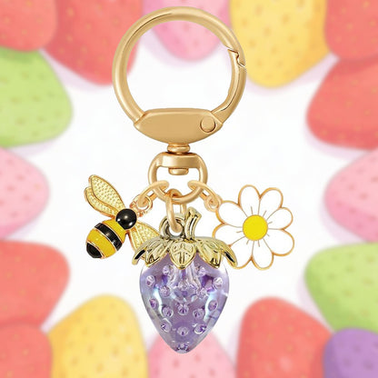 Crystal Purple Strawberry Bee Daisy Keychain - Gold Metal Ring with Rhinestone Fruit Charm, Cute Bag Accessory for Women and Girls