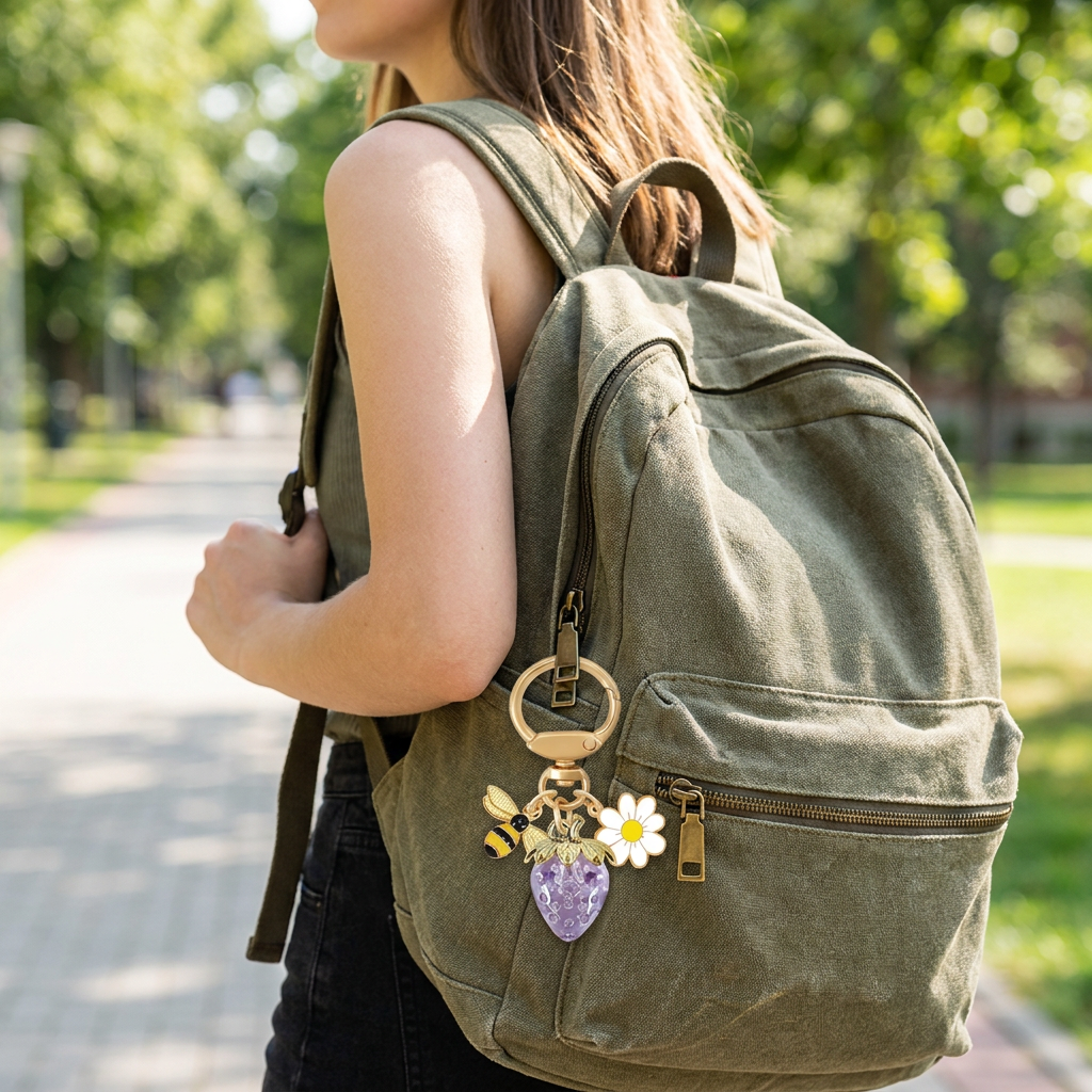 Crystal Purple Strawberry Bee Daisy Keychain - Gold Metal Ring with Rhinestone Fruit Charm, Cute Bag Accessory for Women and Girls