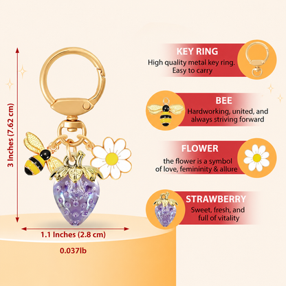 Crystal Purple Strawberry Bee Daisy Keychain - Gold Metal Ring with Rhinestone Fruit Charm, Cute Bag Accessory for Women and Girls