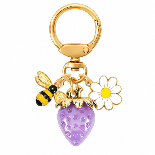 Solid Purple Strawberry Bee Daisy Keychain - Gold Metal Ring with Rhinestone Fruit Charm, Cute Bag Accessory for Women and Girls