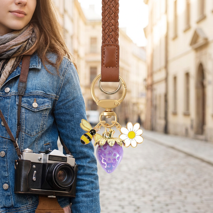 Solid Purple Strawberry Bee Daisy Keychain - Gold Metal Ring with Rhinestone Fruit Charm, Cute Bag Accessory for Women and Girls