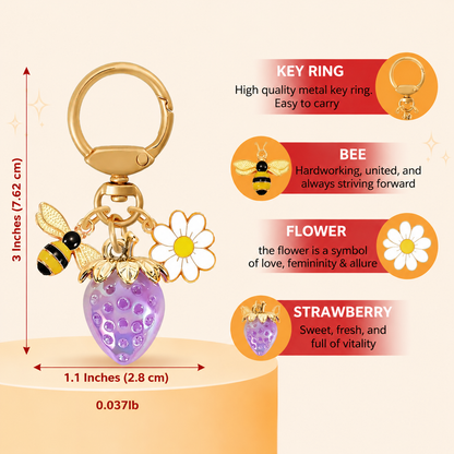 Solid Purple Strawberry Bee Daisy Keychain - Gold Metal Ring with Rhinestone Fruit Charm, Cute Bag Accessory for Women and Girls