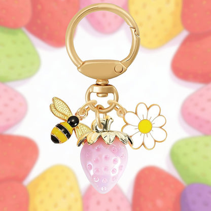 Solid Pink Strawberry Bee Daisy Keychain - Gold Metal Ring with Rhinestone Fruit Charm, Cute Bag Accessory for Women and Girls