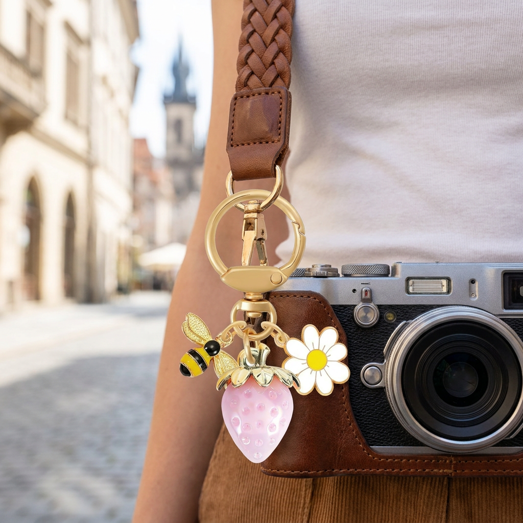 Solid Pink Strawberry Bee Daisy Keychain - Gold Metal Ring with Rhinestone Fruit Charm, Cute Bag Accessory for Women and Girls
