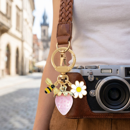 Solid Pink Strawberry Bee Daisy Keychain - Gold Metal Ring with Rhinestone Fruit Charm, Cute Bag Accessory for Women and Girls