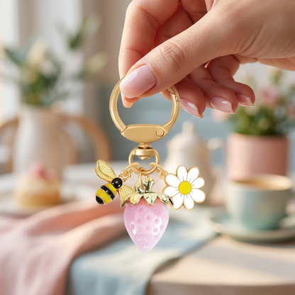 Solid Pink Strawberry Bee Daisy Keychain - Gold Metal Ring with Rhinestone Fruit Charm, Cute Bag Accessory for Women and Girls