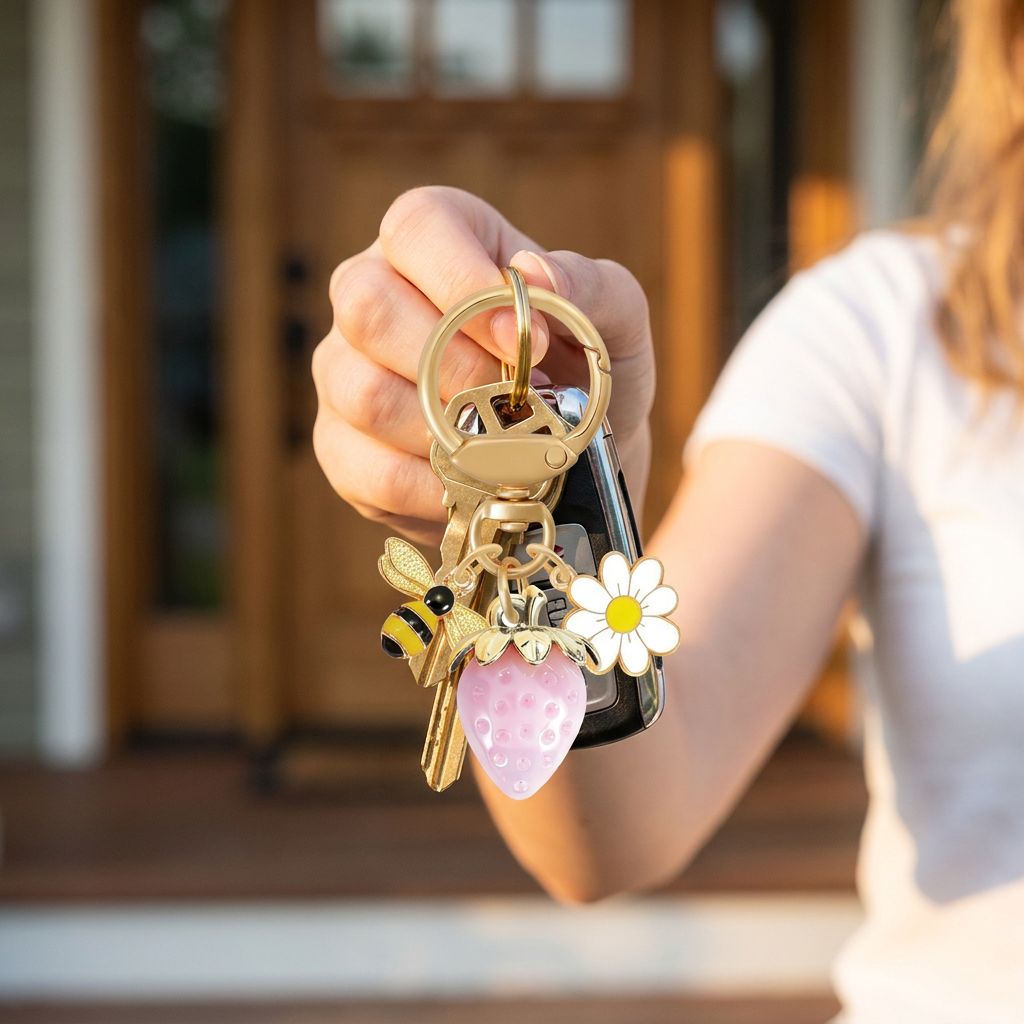 Solid Pink Strawberry Bee Daisy Keychain - Gold Metal Ring with Rhinestone Fruit Charm, Cute Bag Accessory for Women and Girls