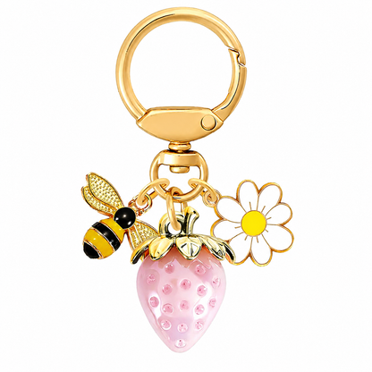 Solid Pink Strawberry Bee Daisy Keychain - Gold Metal Ring with Rhinestone Fruit Charm, Cute Bag Accessory for Women and Girls