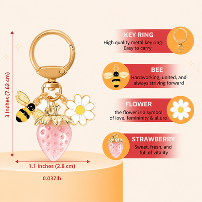 Solid Pink Strawberry Bee Daisy Keychain - Gold Metal Ring with Rhinestone Fruit Charm, Cute Bag Accessory for Women and Girls