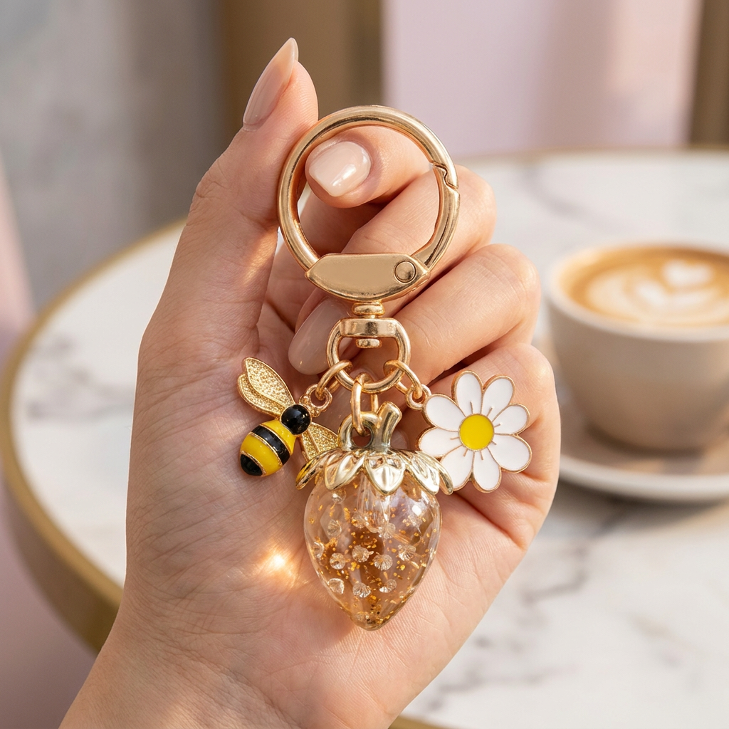 Crystal Gold Strawberry Bee Daisy Keychain - Gold Metal Ring with Rhinestone Fruit Charm, Cute Bag Accessory for Women and Girls