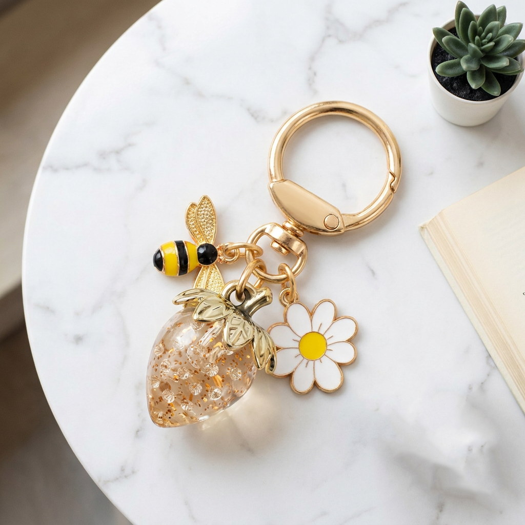 Crystal Gold Strawberry Bee Daisy Keychain - Gold Metal Ring with Rhinestone Fruit Charm, Cute Bag Accessory for Women and Girls
