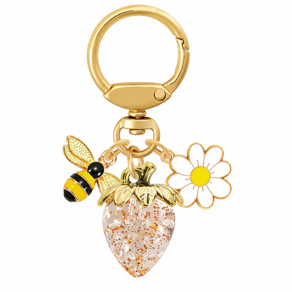 Crystal Gold Strawberry Bee Daisy Keychain - Gold Metal Ring with Rhinestone Fruit Charm, Cute Bag Accessory for Women and Girls