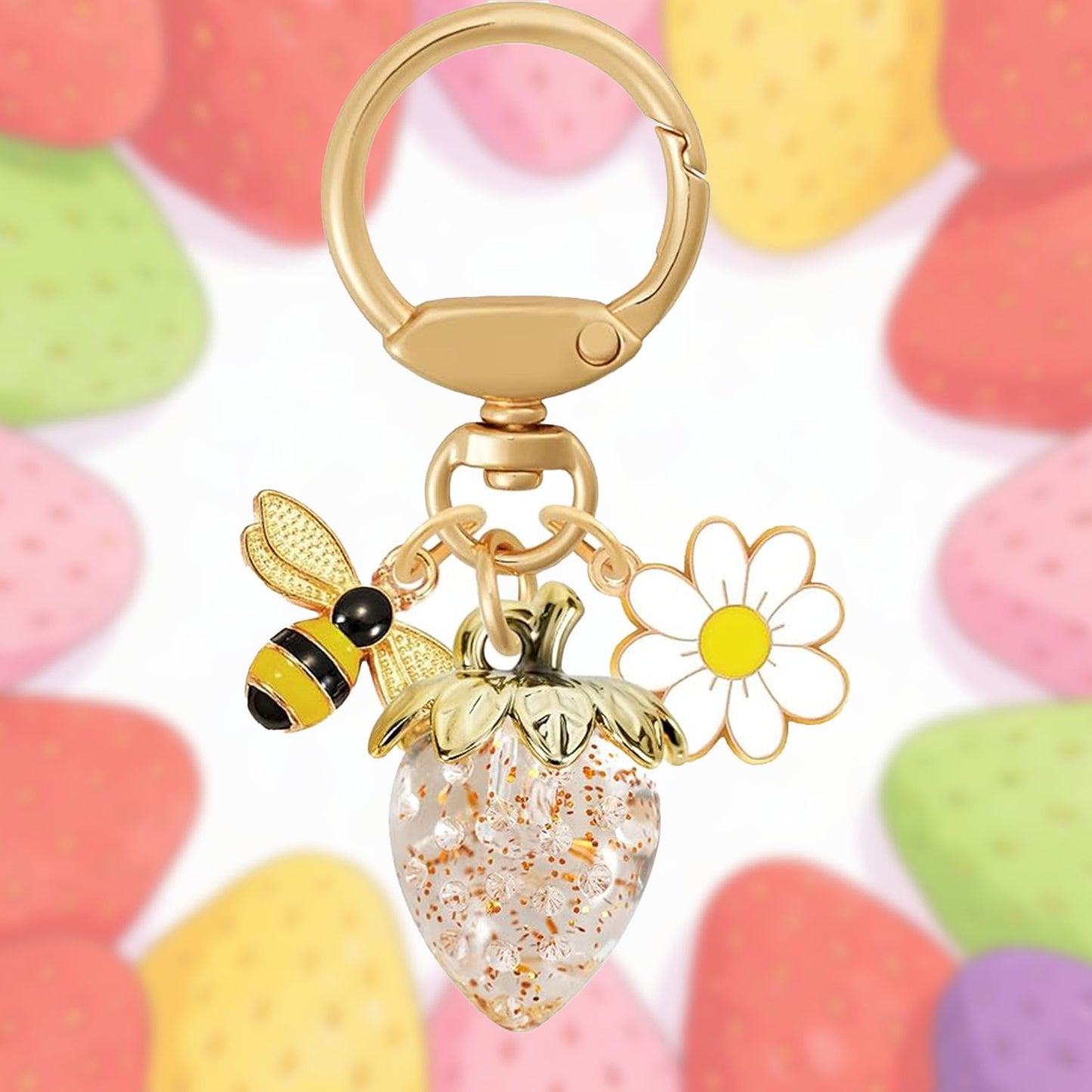Crystal Gold Strawberry Bee Daisy Keychain - Gold Metal Ring with Rhinestone Fruit Charm, Cute Bag Accessory for Women and Girls