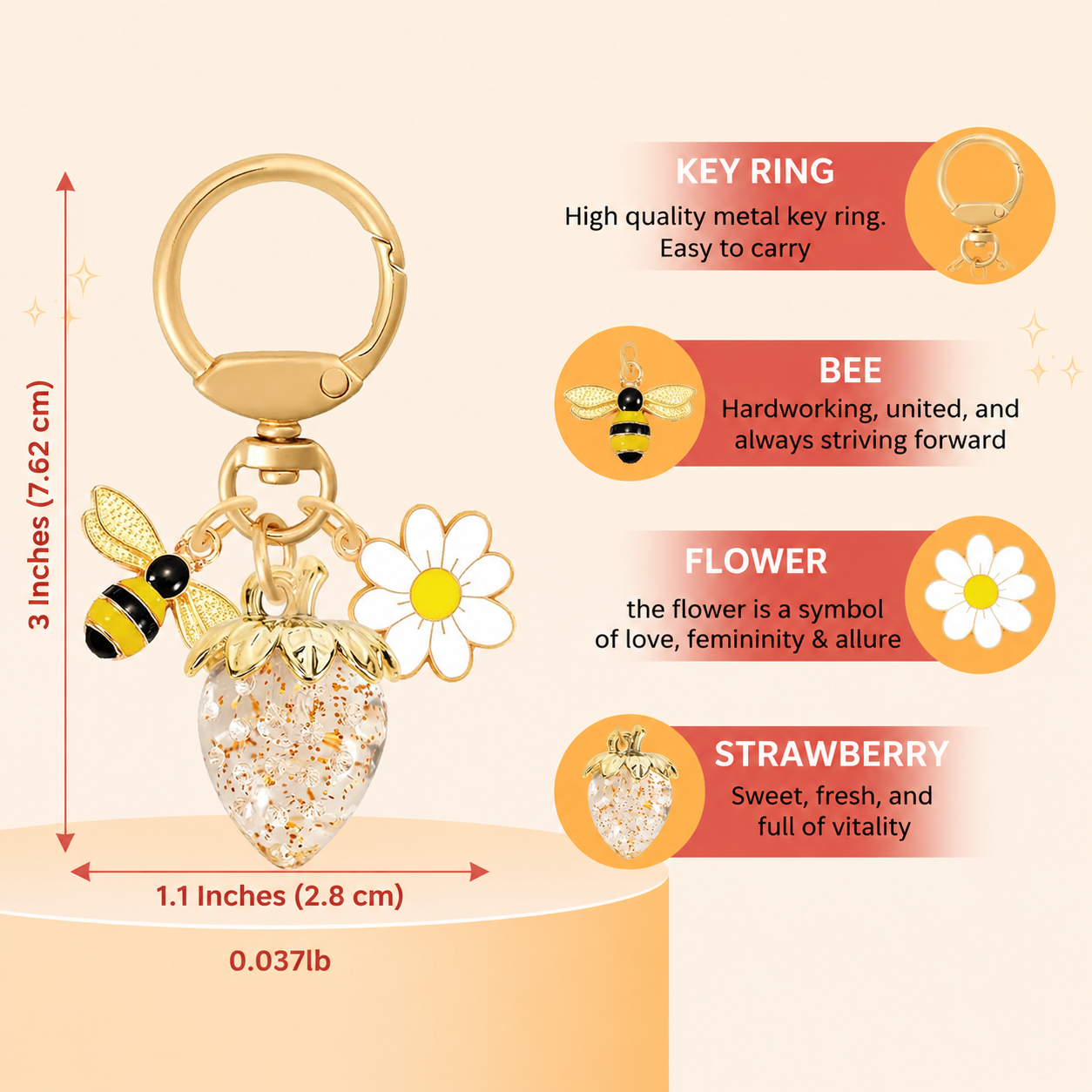 Crystal Gold Strawberry Bee Daisy Keychain - Gold Metal Ring with Rhinestone Fruit Charm, Cute Bag Accessory for Women and Girls