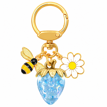 Crystal Blue Strawberry Bee Daisy Keychain - Gold Metal Ring with Rhinestone Fruit Charm, Cute Bag Accessory for Women and Girls