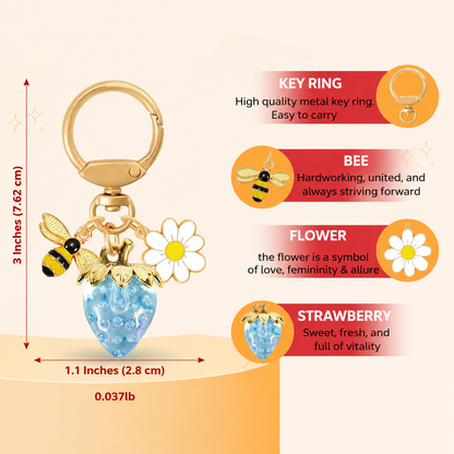 Crystal Blue Strawberry Bee Daisy Keychain - Gold Metal Ring with Rhinestone Fruit Charm, Cute Bag Accessory for Women and Girls