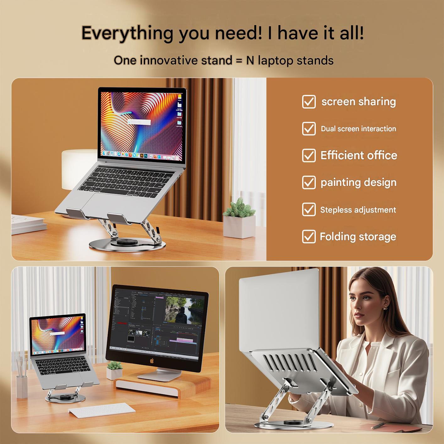 360 Degree Rotatable Laptop Stand Adjustable Aluminium Ergonomic Notebook Holder Small Size 20x20cm Height Angle Adjustable Desktop Cooling Riser for Office Home Study Workspace