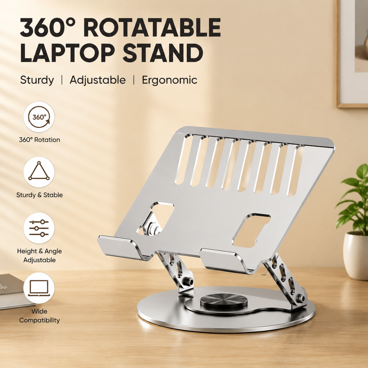 360 Degree Rotatable Laptop Stand Adjustable Aluminium Ergonomic Notebook Holder Small Size 23.5x23.5cm Height Angle Adjustable Desktop Cooling Riser for Office Home Study Workspace