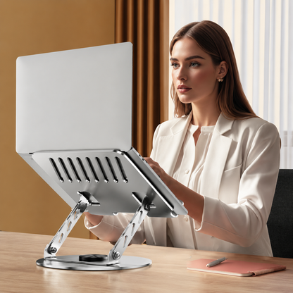 360 Degree Rotatable Laptop Stand Adjustable Aluminium Ergonomic Notebook Holder Small Size 23.5x23.5cm Height Angle Adjustable Desktop Cooling Riser for Office Home Study Workspace