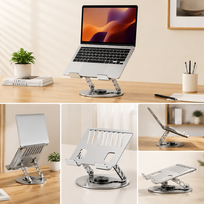 360 Degree Rotatable Laptop Stand Adjustable Aluminium Ergonomic Notebook Holder Small Size 23.5x23.5cm Height Angle Adjustable Desktop Cooling Riser for Office Home Study Workspace