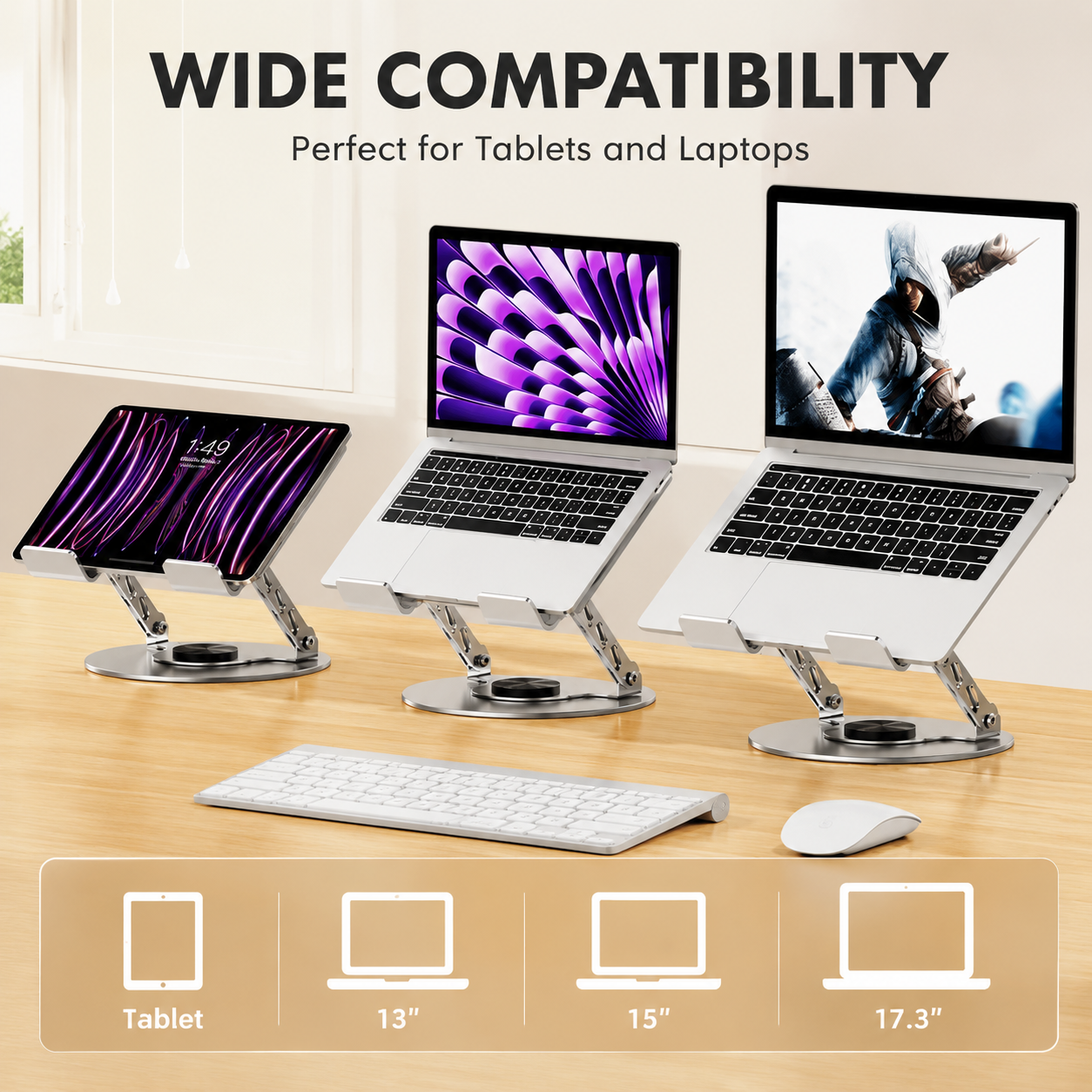 360 Degree Rotatable Laptop Stand Adjustable Aluminium Ergonomic Notebook Holder Small Size 23.5x23.5cm Height Angle Adjustable Desktop Cooling Riser for Office Home Study Workspace