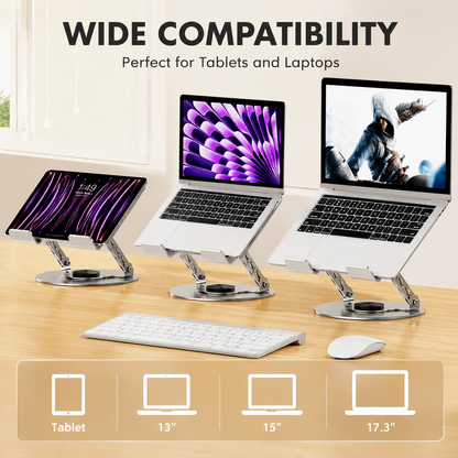 360 Degree Rotatable Laptop Stand Adjustable Aluminium Ergonomic Notebook Holder Small Size 23.5x23.5cm Height Angle Adjustable Desktop Cooling Riser for Office Home Study Workspace