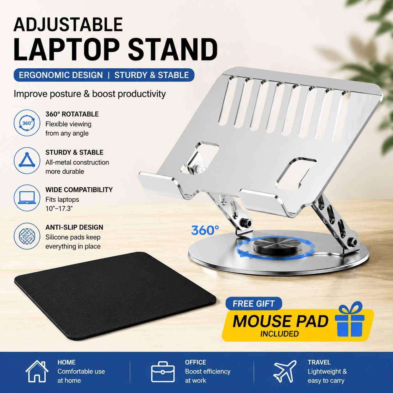 Adjustable aluminum alloy laptop stand (20*20CM), with mouse pad (21*25cm), adjustable height and angle, space-saving, heat dissipation support, suitable for office, home, study and work environments