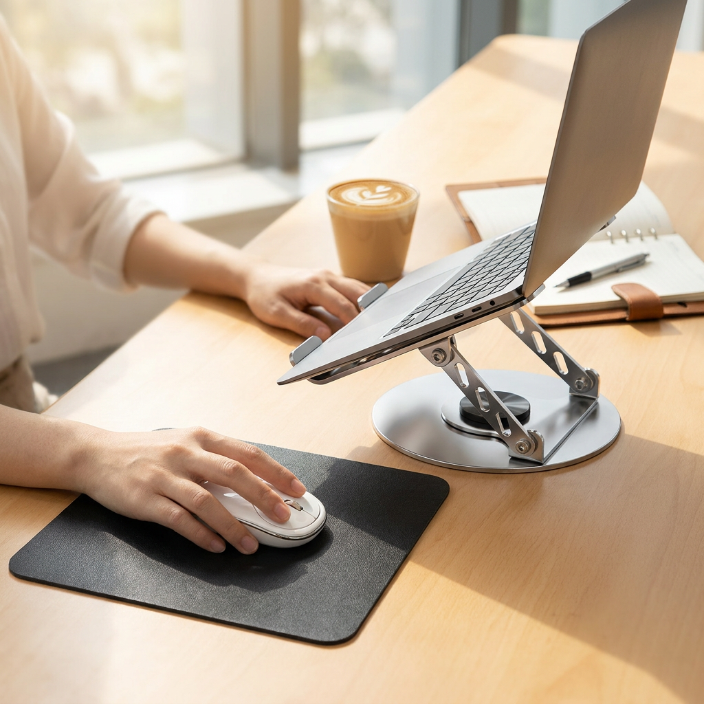 Adjustable aluminum alloy laptop stand (20*20CM), with mouse pad (21*25cm), adjustable height and angle, space-saving, heat dissipation support, suitable for office, home, study and work environments