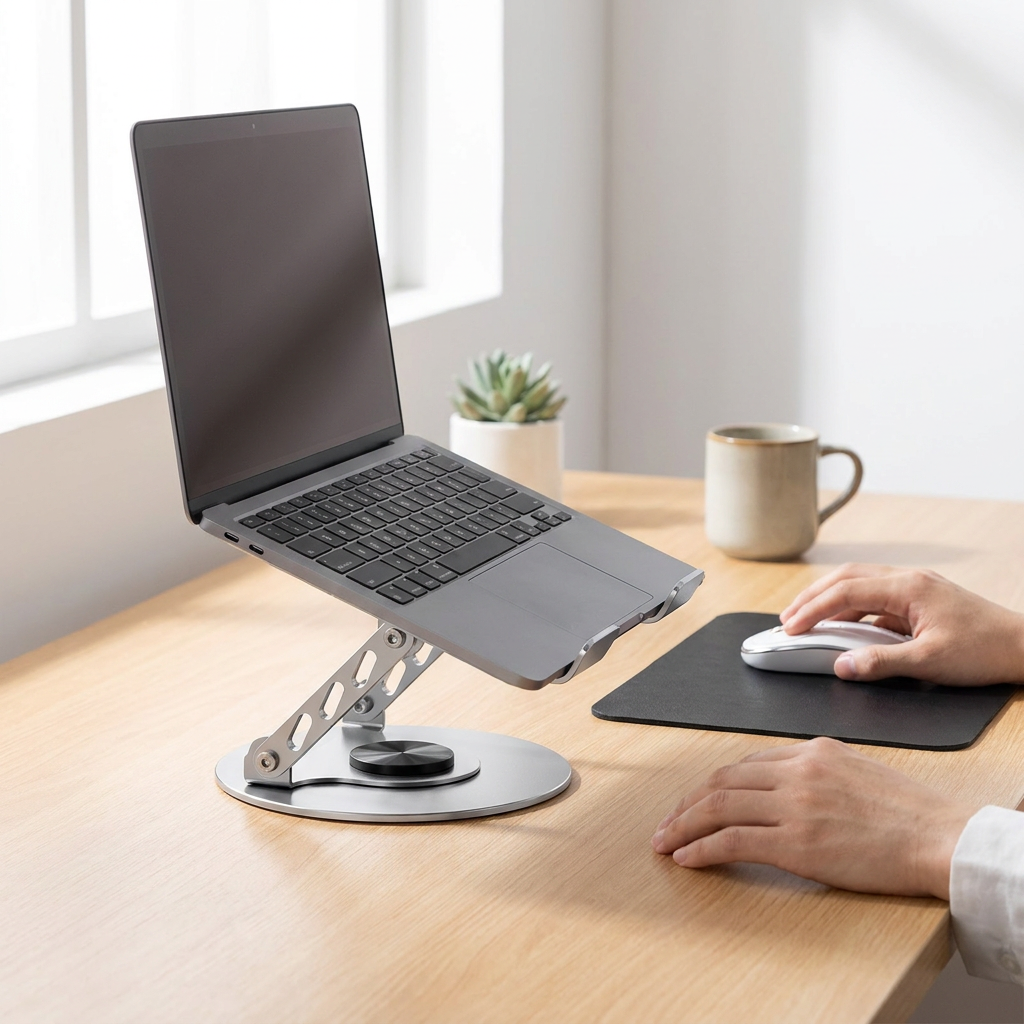 Adjustable aluminum alloy laptop stand (20*20CM), with mouse pad (21*25cm), adjustable height and angle, space-saving, heat dissipation support, suitable for office, home, study and work environments