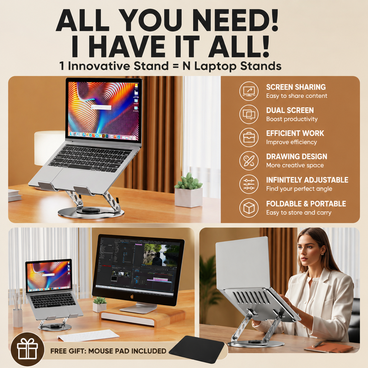 Adjustable aluminum alloy laptop stand (20*20CM), with mouse pad (21*25cm), adjustable height and angle, space-saving, heat dissipation support, suitable for office, home, study and work environments