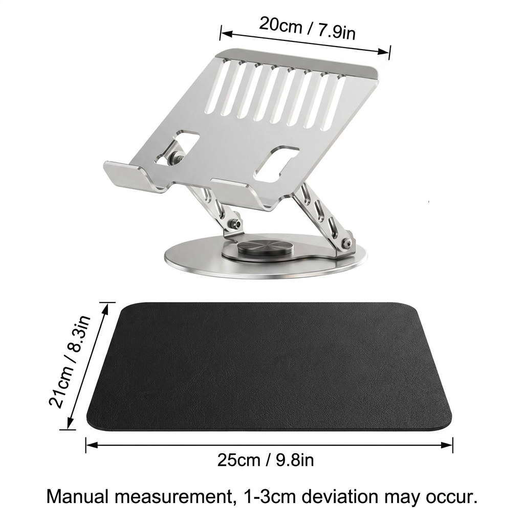 Adjustable aluminum alloy laptop stand (20*20CM), with mouse pad (21*25cm), adjustable height and angle, space-saving, heat dissipation support, suitable for office, home, study and work environments